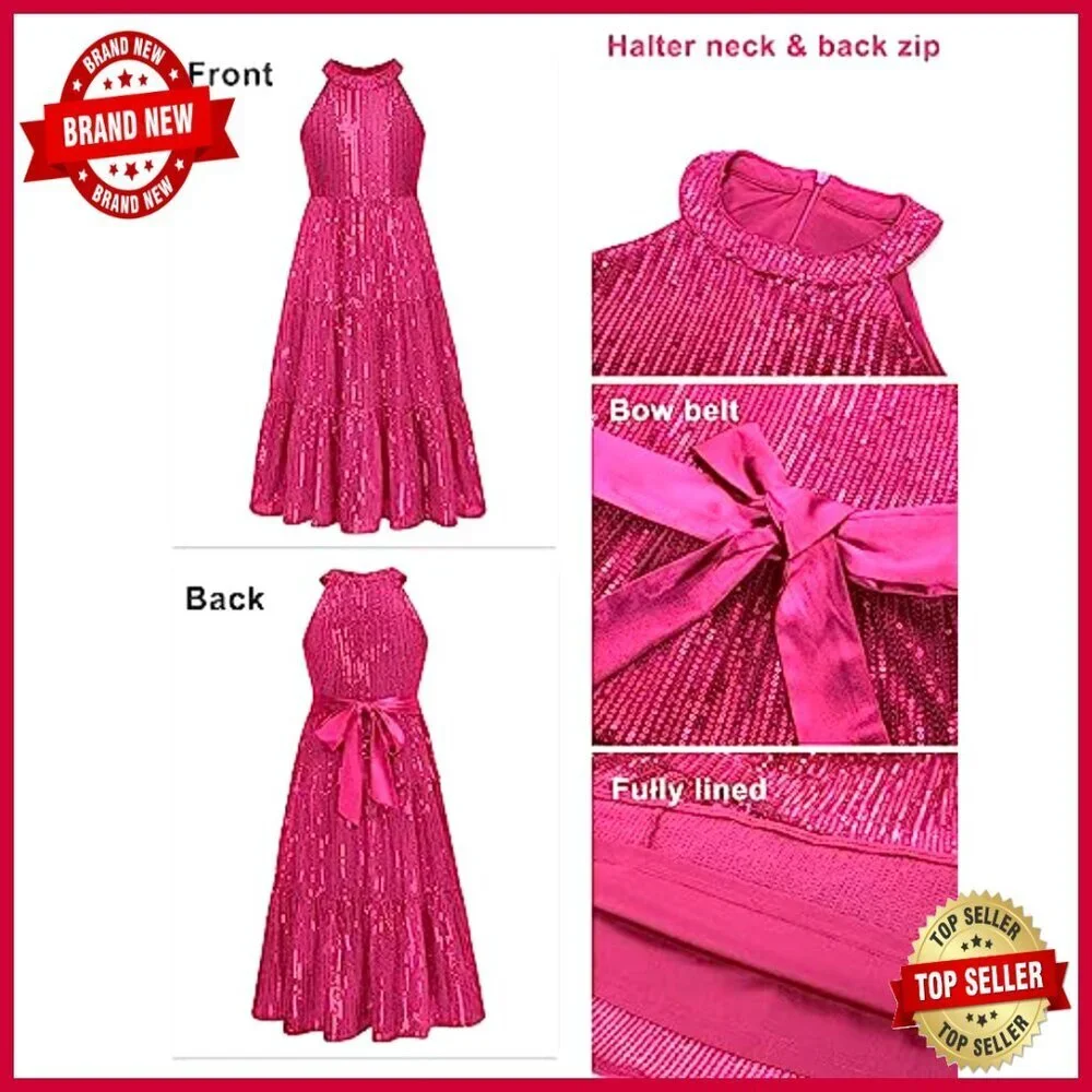 Sequin Maxi Dress Elegant Formal Party Wear Girls Long Dress with Satin